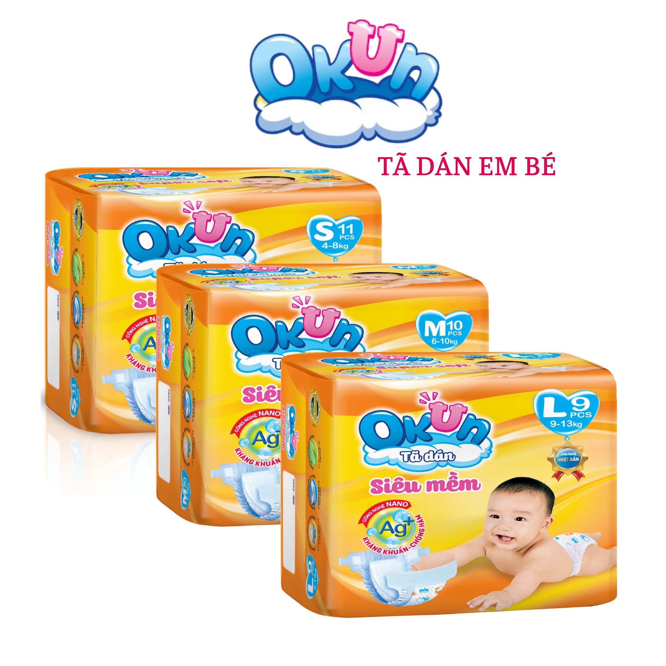 Tã dán Okun 1 gói size S 11 miếng, size M 10 miếng, size L 9 miếng. Tã dán em bé siêu mềm khô thoáng chống hăm chống tràn
