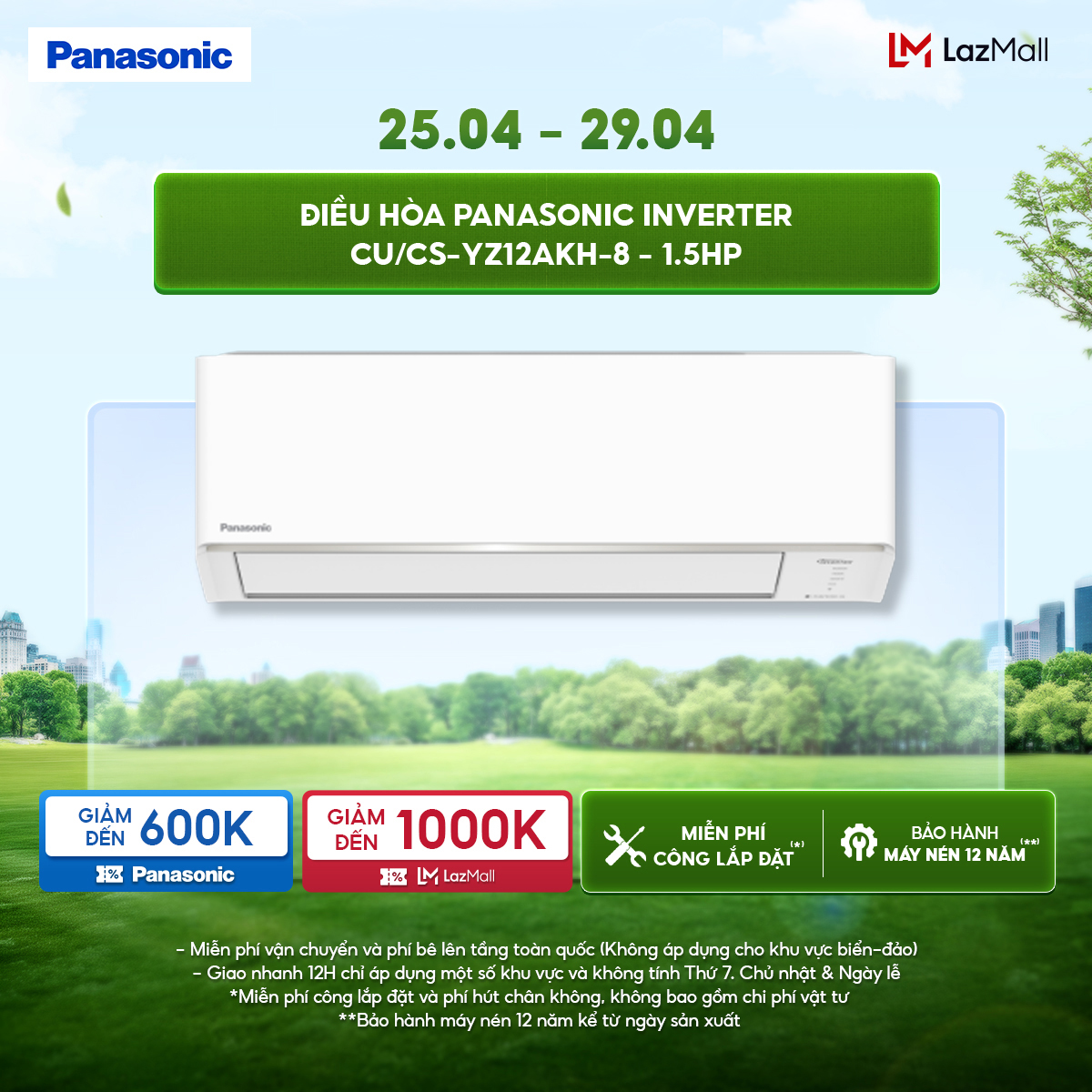 [CHỈ GIAO MIỀN BẮC] [Độc quyền Online] [Chỉ giao miền Bắc] Điều hòa Panasonic Inverter CU/CS-YZ12AKH-8 - 1.5HP - Hai chiều - Eco AI - Lọc không khí bụi mịn tới 99%