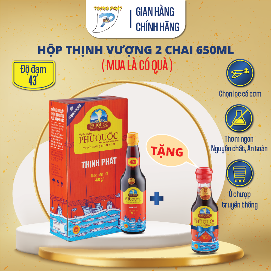 Combo hộp 2 chai Thịnh Vượng 650ml 43 độ đạm nước mắm truyền thống Phú Quốc Thịnh Phát nguyên chất từ cá cơm biển Phú Quốc