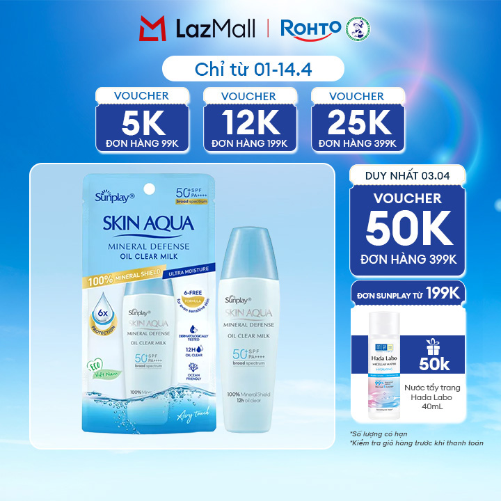 Kem chống nắng vật lý Skin Aqua kiềm dầu, dạng sữa dùng hàng ngày Sunplay Skin Aqua Mineral Defense Oil Clear Milk SPF50+ PA++++ 25g
