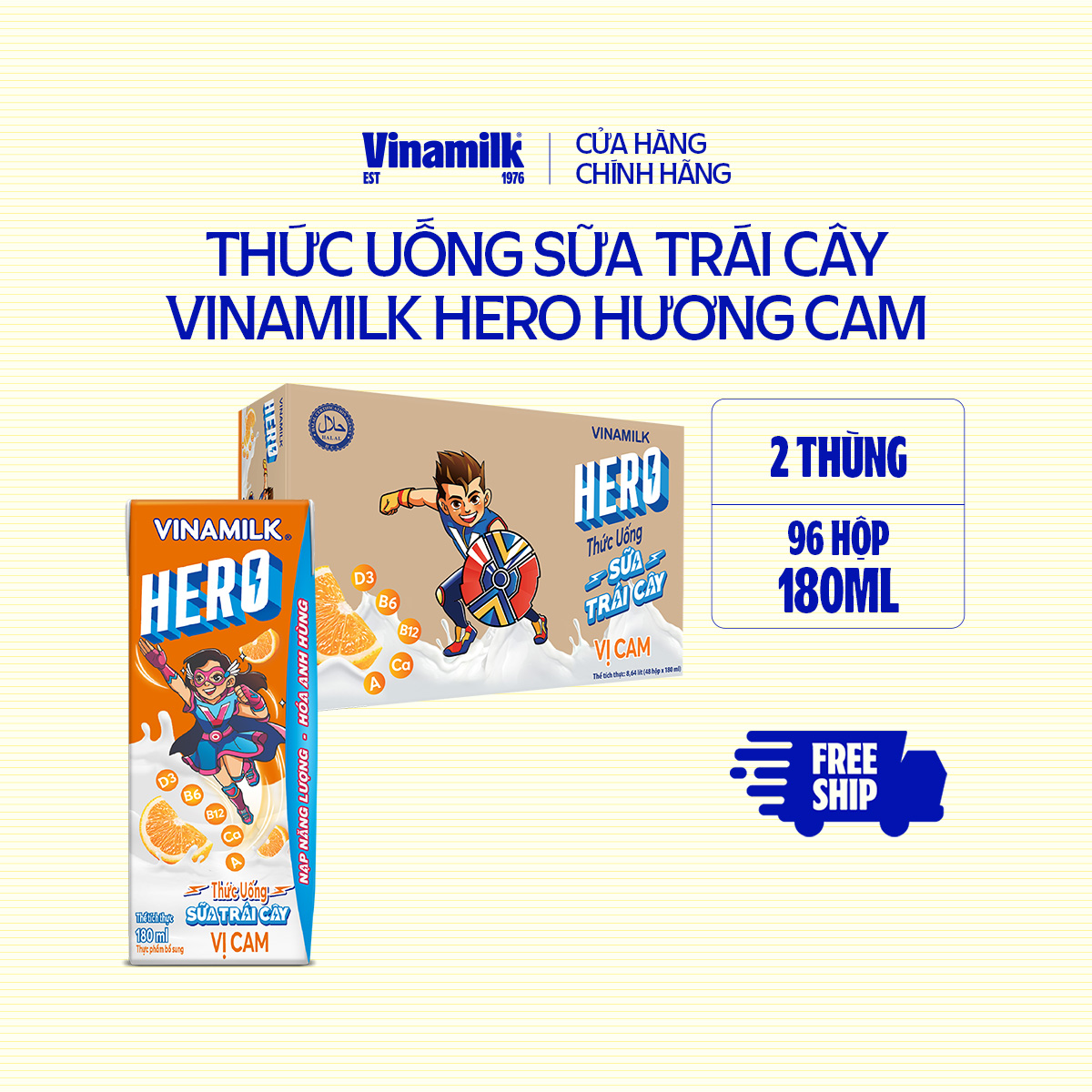 2 Thùng Thức uống sữa trái cây vị cam Vinamilk Hero 180ml - 48 hộp/Thùng