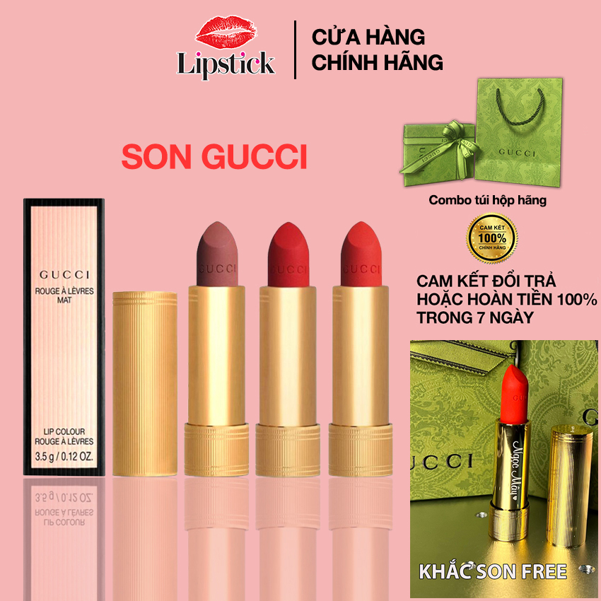 Son Gucci Rouge À Lèvres Mat , son thỏi Gucci chính hãng, chất son mịn siêu lì bền màu đến 8h thiết kế độc đáo ấn tượng với màu vàng sang trọng