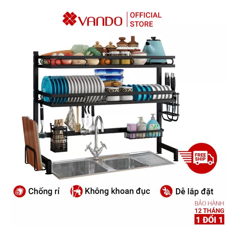 Kệ Để Chén Bát Đa Năng VANDO Thép Carbon Sơn Đen Tĩnh Điện Chống Bám Bẩn - Giá Để Bát Đũa Thông Minh Trên Bồn Rửa Bát