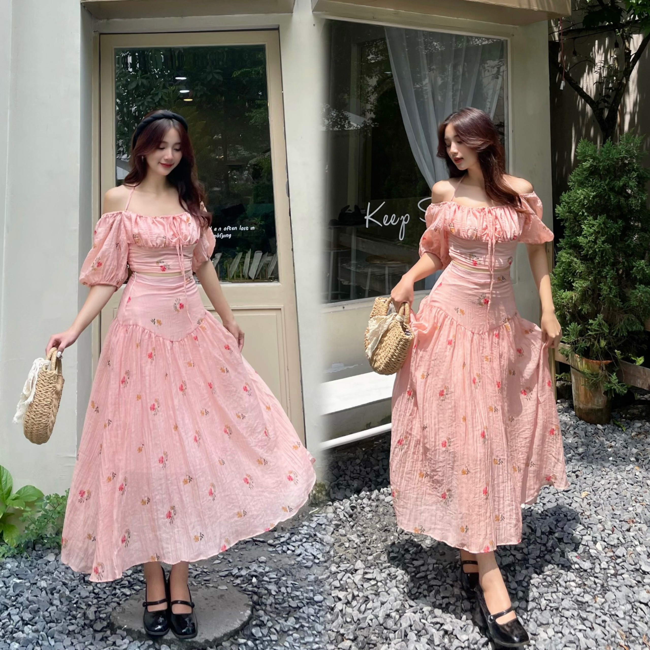 Váy maxi đi biển họa tiết hoa áo crotop tay phồng kết hợp chân váy xòe dáng dài