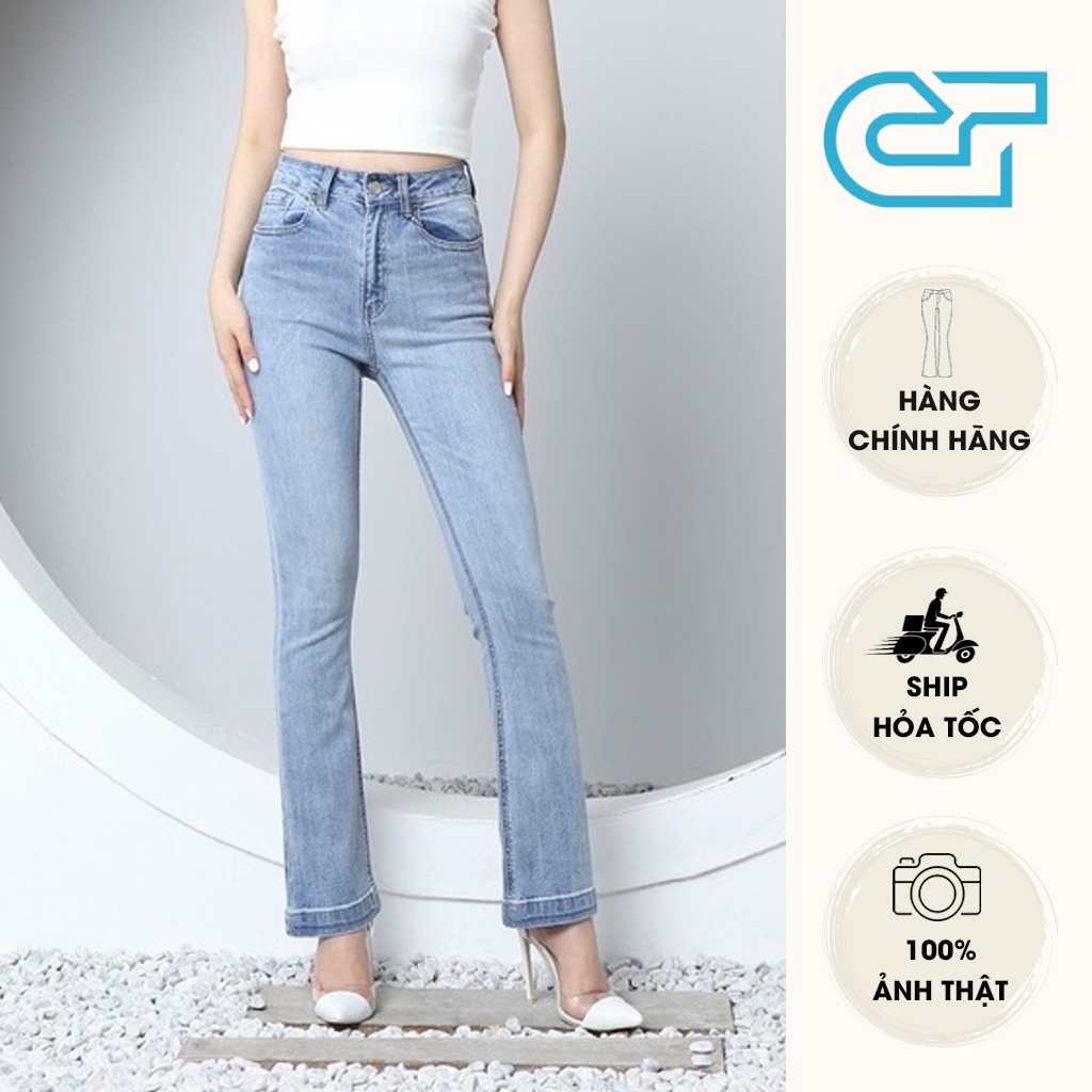 Quần jean ống loe màu xanh đá - quần bò ống loe cạp cao co giãn gấu bản to cp04, ct jeans