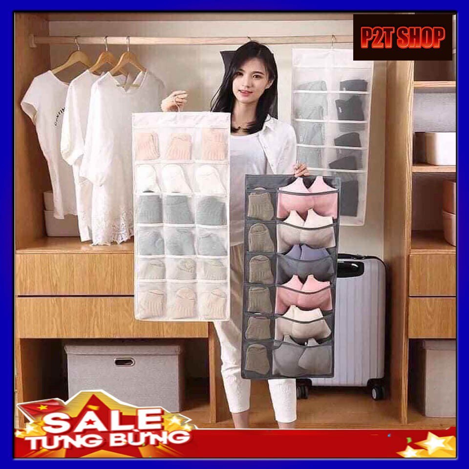 [  TẶNG KÈM MIẾNG DÍNH ]Túi Treo Đồ Lót Treo Tất 2 Mặt 30 Ngăn Tiện Dụng
