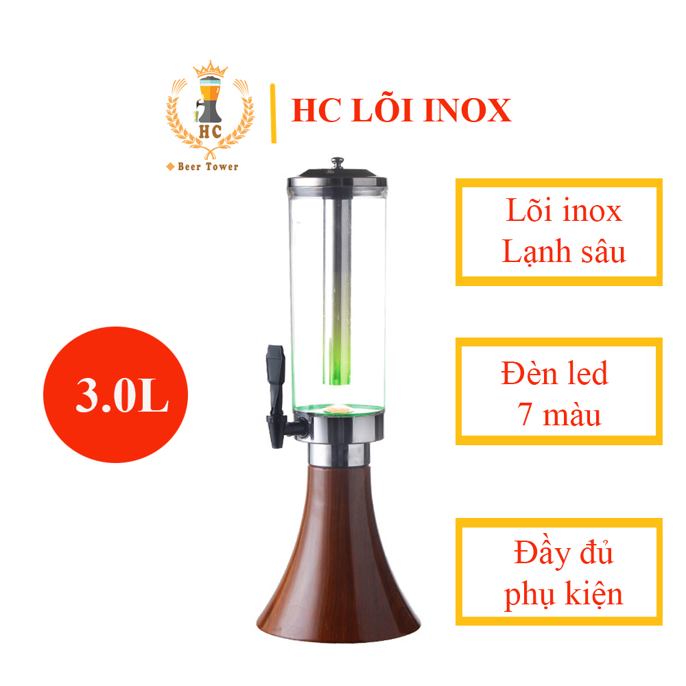 Tháp Bia Lõi Inox 3 lít HC Có vòi rót Đèn Led 7 màu Đựng Trà Sữa Bia Tươi Nước Ngọt Dùng decor quán bar, trà sữa, beer, Nhựa ABS + PET  KT 22x22x cao 60cm Thương hiệu Tháp Bia HC - HC Beer Tower Hỗ trợ Freeship Max
