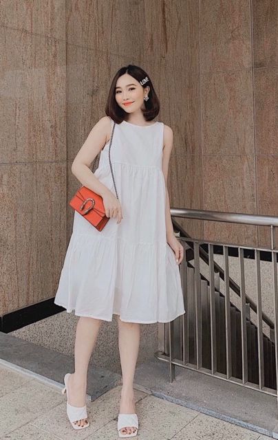 Đầm baby doll trắng, nơ sau ms45