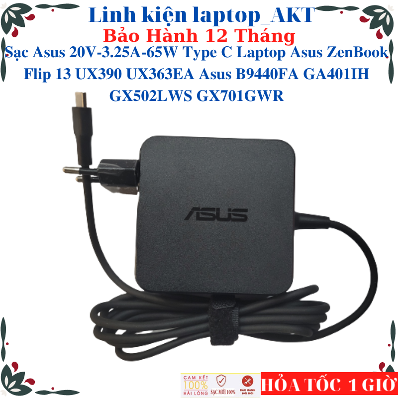 Sạc laptop Asus 20V-3.25A-65W Type C Laptop Asus ZenBook Flip 13 UX390 UX363EA Asus B9440FA GA401IH GX502LWS GX701GWR