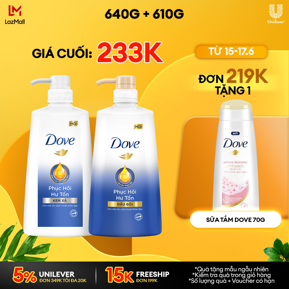 Combo Dầu gội Kem xả phục hồi tóc Dove Phục Hồi Hư Tổn cho tóc suôn mượt khỏe đẹp 640g 610g