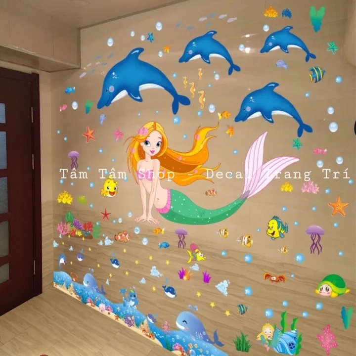 Decal dán tường đàn cá heo, nàng tiên cá và chân tường cá voi