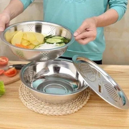 Bộ nạo rau củ 3 món - Rổ nạo rau củ kiêm rổ và chậu inox đa năng dùng nhà bếp