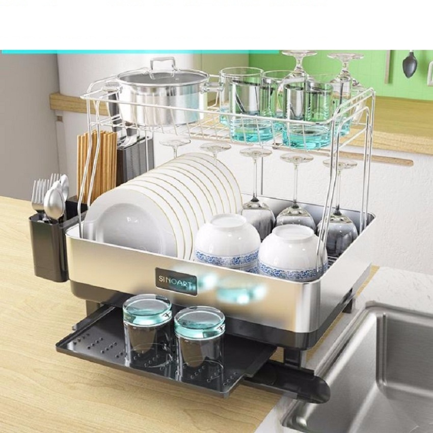 Giá Úp Bát Đĩa Sinoart 2 Tầng Có Khay Hứng Nước Hộp Cài Dao Đũa - Bằng inox ( Màu Bạc )