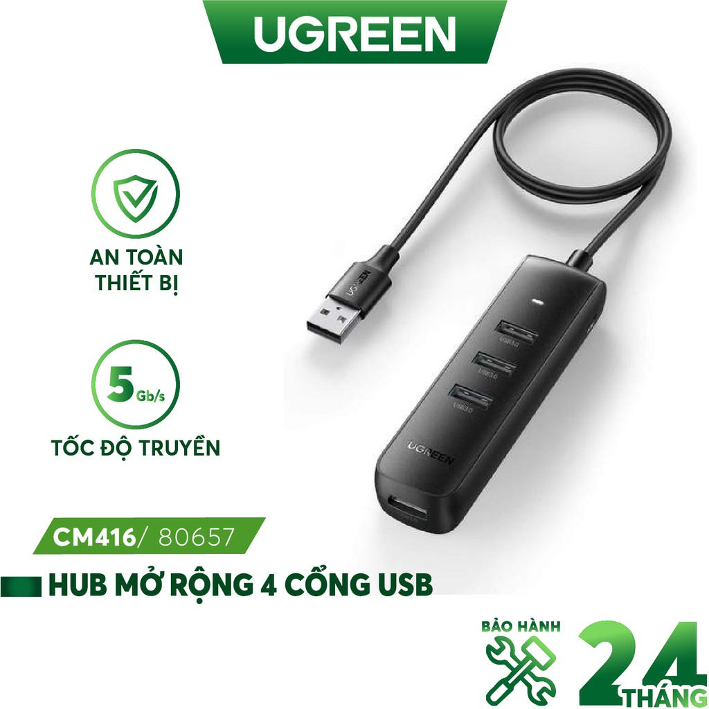 Hub chia USB 3.0 ra 4 cổng dài 1M  Ugreen 80657 cao cấp (Micro USB cấp nguồn)