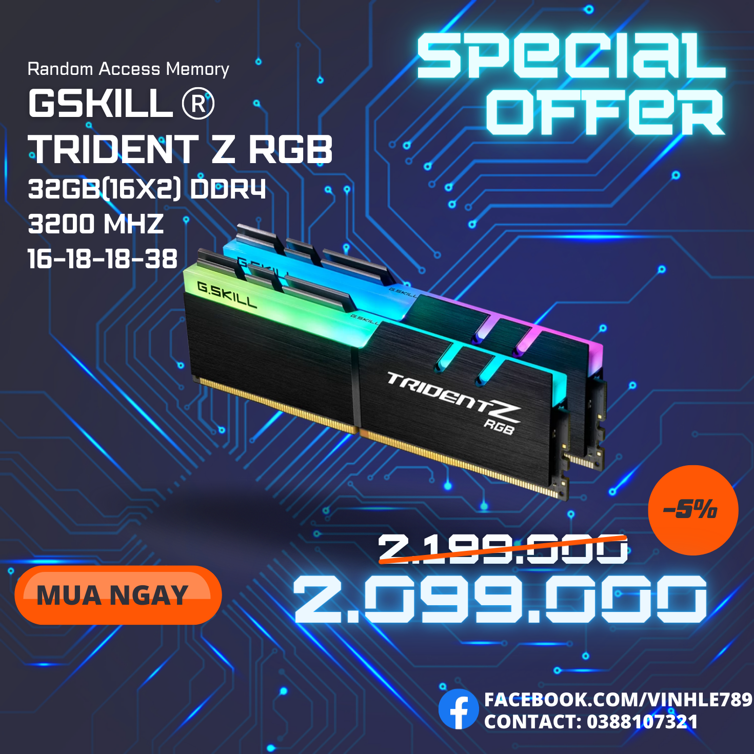 Ram GSKILL Trident Z RGB 32GB - 2x16GB DDR4 Bus 3200MHz F4-3200C16D-32GTZR