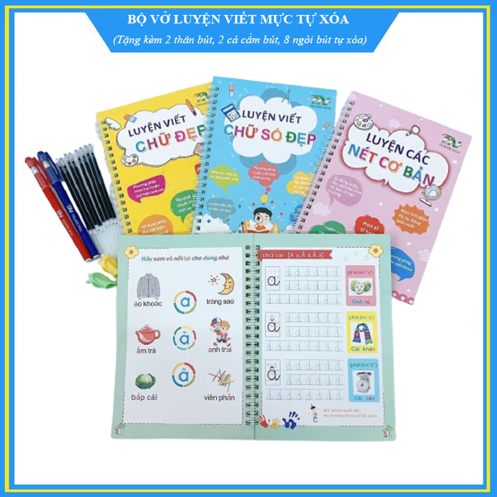 Bộ 3 vở tập tô, tập viết mực tự xóa thần kỳ - Tặng kèm 2 bút, 2 cá hỗ trợ cầm bút và 8 ngòi - Hàng Thanh Nga loại 1