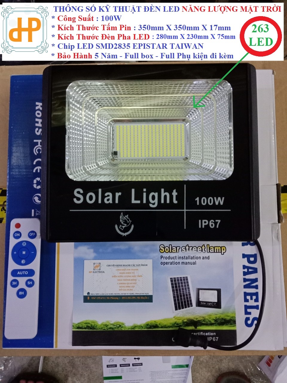 Đèn pha led năng lượng mặt trời 100w 263led ip67- tấm pin 350x350mm - chất lượng cao hp electrical