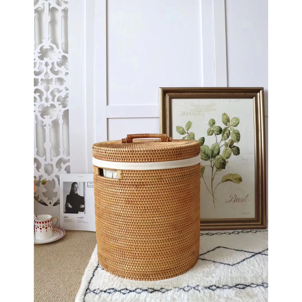Giỏ guột tròn có nắp đựng đồ đựng gạo mây tre đan đa năng giá rẻ