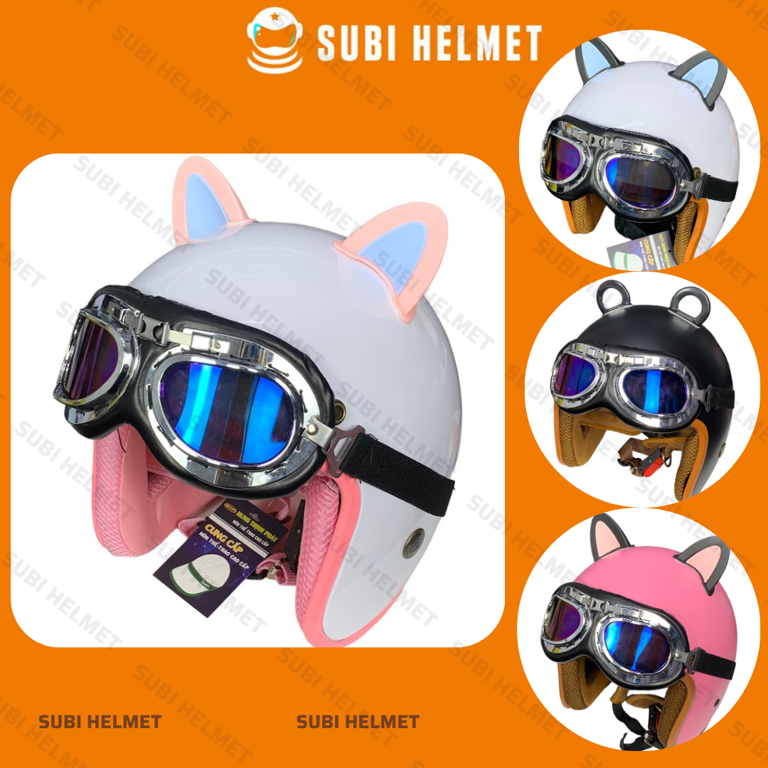  Nón bảo hiểm 3 4 trùm đầu kèm Kính Phi Công và Tai Mèo  Tai Gấu Nhiều màu sắc nón bảo hiểm 3 4 đi phượt cho nam và nữ 