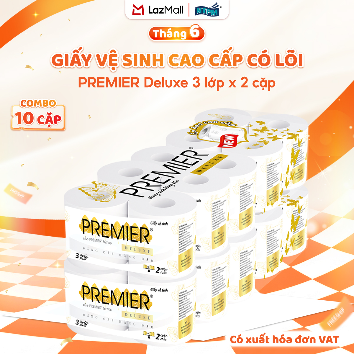 [COMBO 20 CUỘN] Giấy vệ sinh cao cấp PREMIER Deluxe có lõi, 3 lớp - 100% bột giấy nguyên sinh, không chất tẩy, 10 cuộn/lốc – Chính hãng