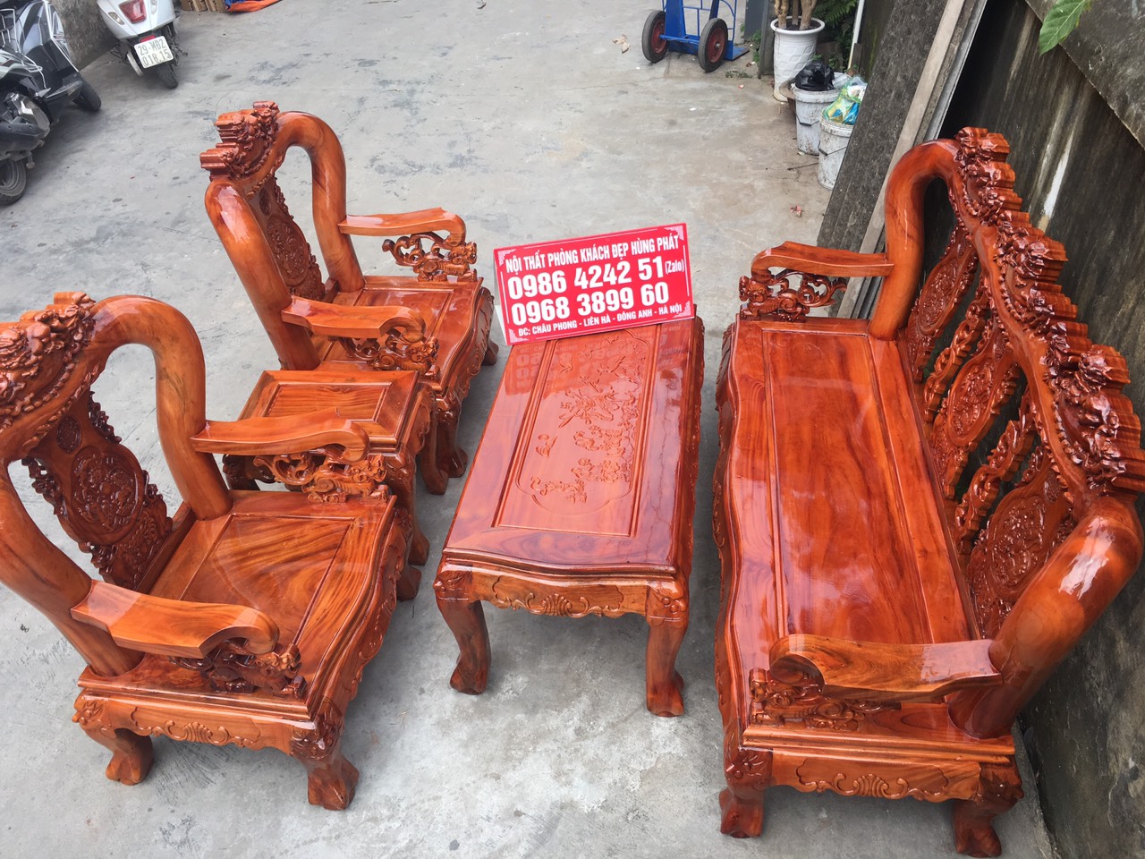 Bộ bàn ghế Nghê 3 Đầu gỗ xà cừ