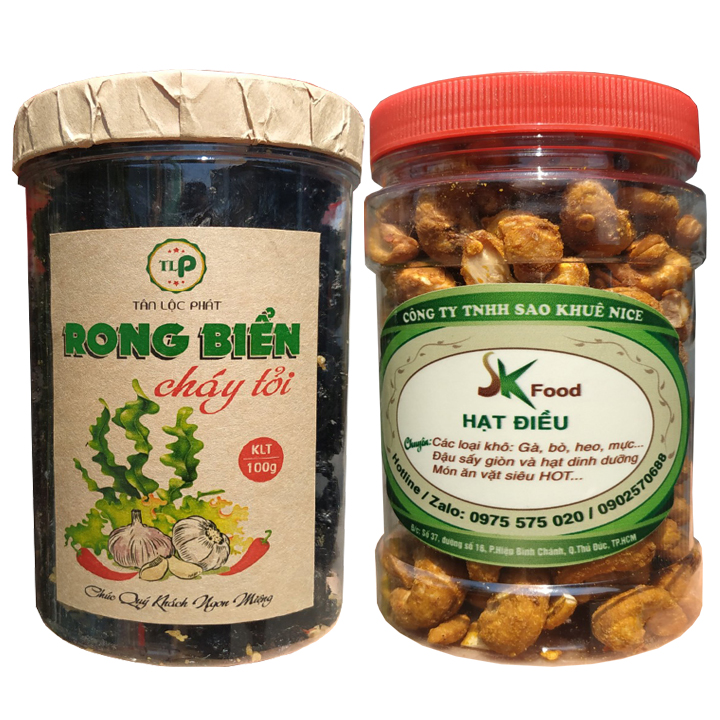 Combo 2 hũ: Hạt điều rang tỏi ớt 200G và Rong biển cháy tỏi 100G thơm ngon bổ dưỡng
