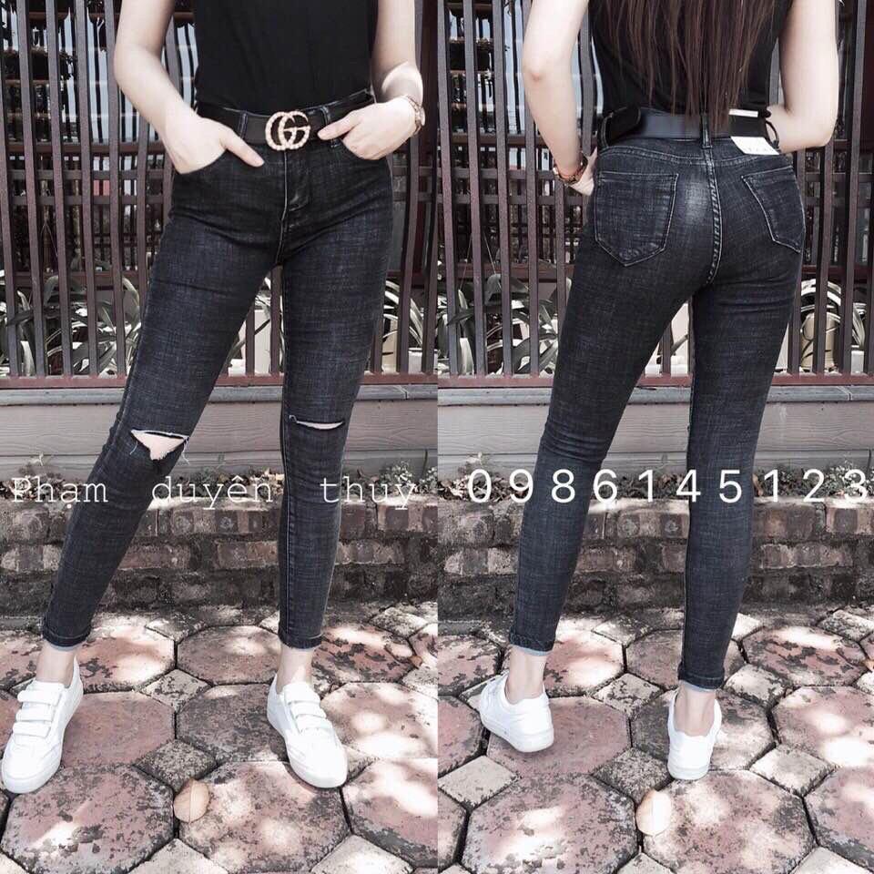 Quần jean nữ ln 06 đen bố rách gối thời trang nữ tính - hàng chuẩn hình