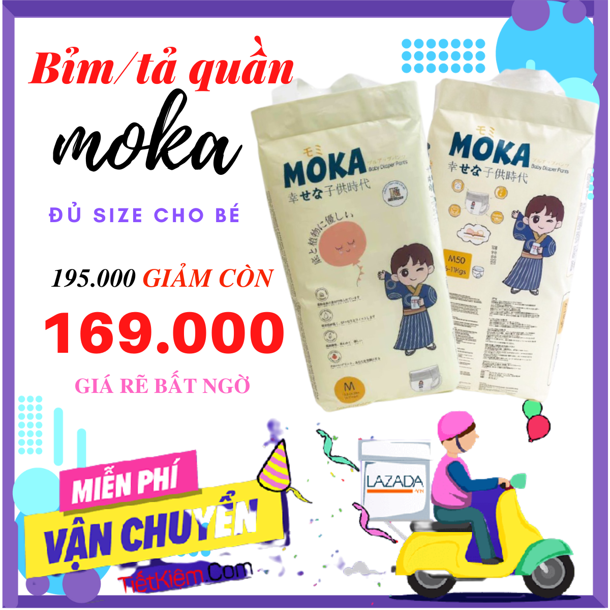 [HCM] Tã quần Moka (50 miếng) - Bỉm quần cao cấp mỏng nhẹ siêu khô thoáng cho trẻ sơ sinh