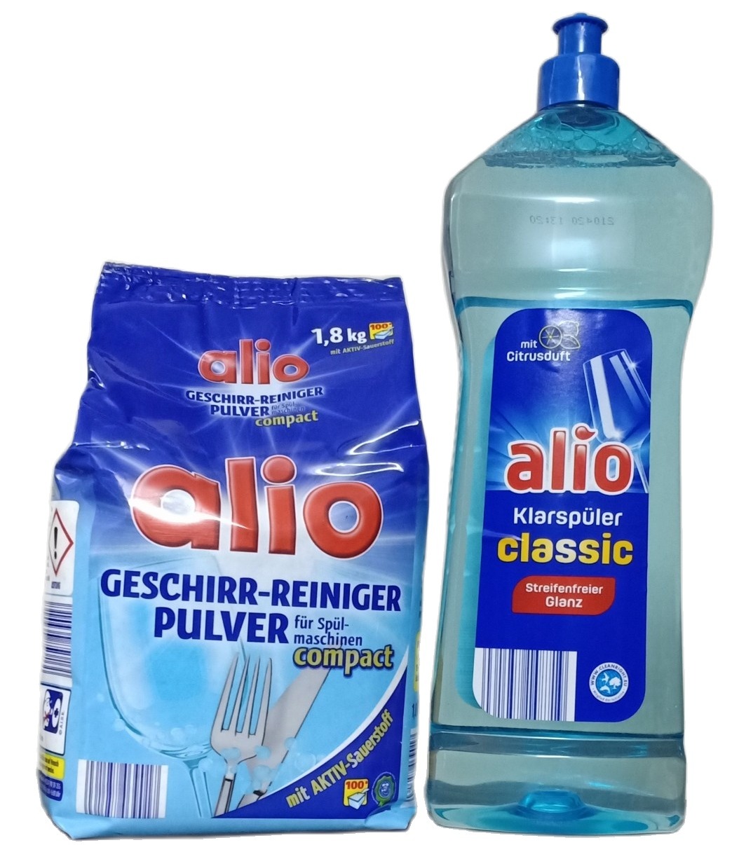 Chai nước làm bóng alio 1000 ml và túi bột rửa bát Alio 1.8 kg
