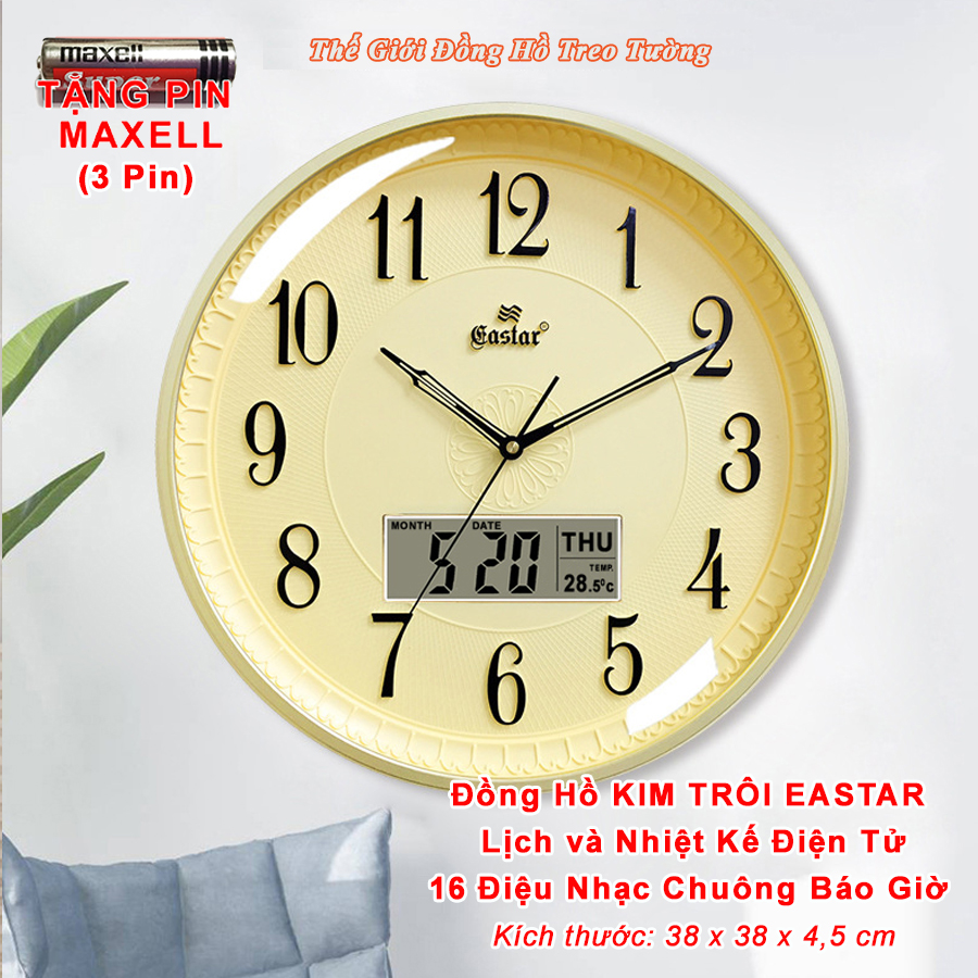 Đồng hồ NHẠC CHUÔNG 16 Điệu NHẠC GÕ Báo Giờ - LỊCH Vạn Niên - NHIỆT KẾ Điện tử - Máy KIM TRÔI EASTAR NHẬT - Bảo Hành 1 Năm - Tặng 4 Pin Maxell.