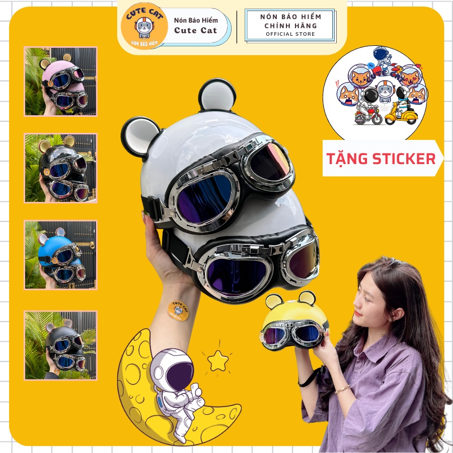Nón bảo hiểm 1/2 đầu kính phi công tai chuột mickey 2 màu dễ thương, mũ bảo hiểm nửa đầu kính phi công kèm tai chuột