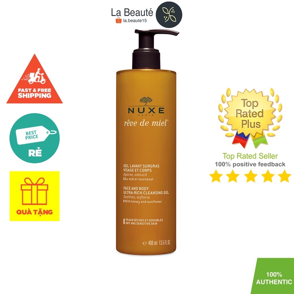 Nuxe reve de miel rich cleansing gel - gel rửa mặt & body tinh chất mật ong 400ml