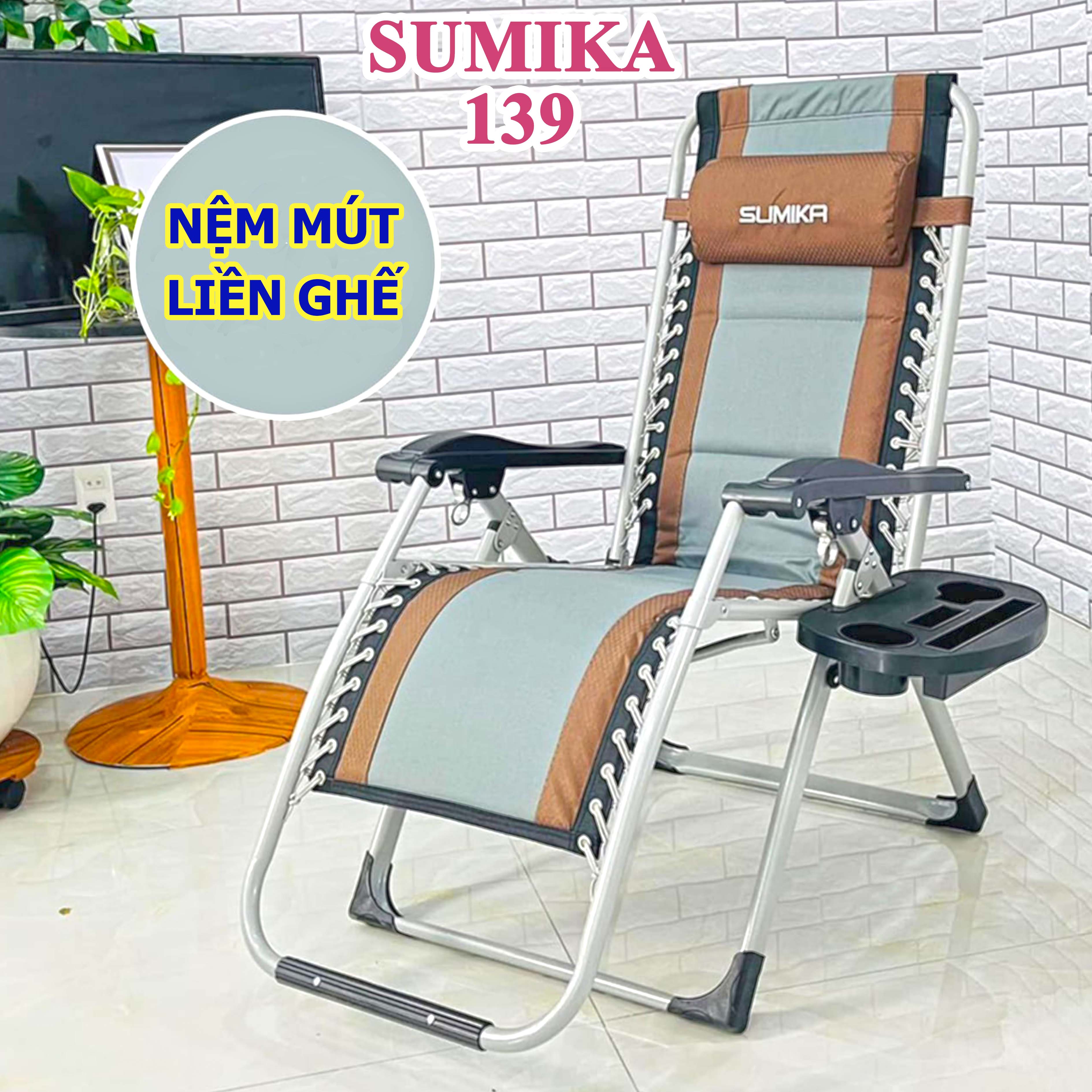 Ghế gấp xếp thư giãn SUMIKA 139 - khóa kim loại, có khay đựng ly, lưới bọc nệm mát, tải trọng 300kg, ghế bố, ghế văn phòng, ghế ngủ trưa cao cấp SK139