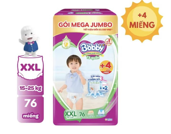 [TẶNG 4 MIẾNG]Tả quần Bobby Mega Jumbo đủ size M120/L96, XL84, XXL76 miếng, tả quần bobby  TẶNG 4MIẾ