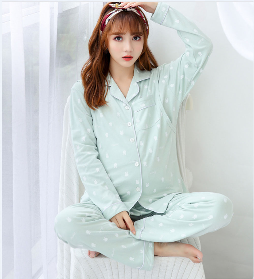 Bộ Pyjama Bầu Và Sau Sinh Dài Tay AZ8182 Chất Liệu Cotton Có Thiết Kế Mở 2 Bên Ngực Cho Con Bú Tiện Lợi
