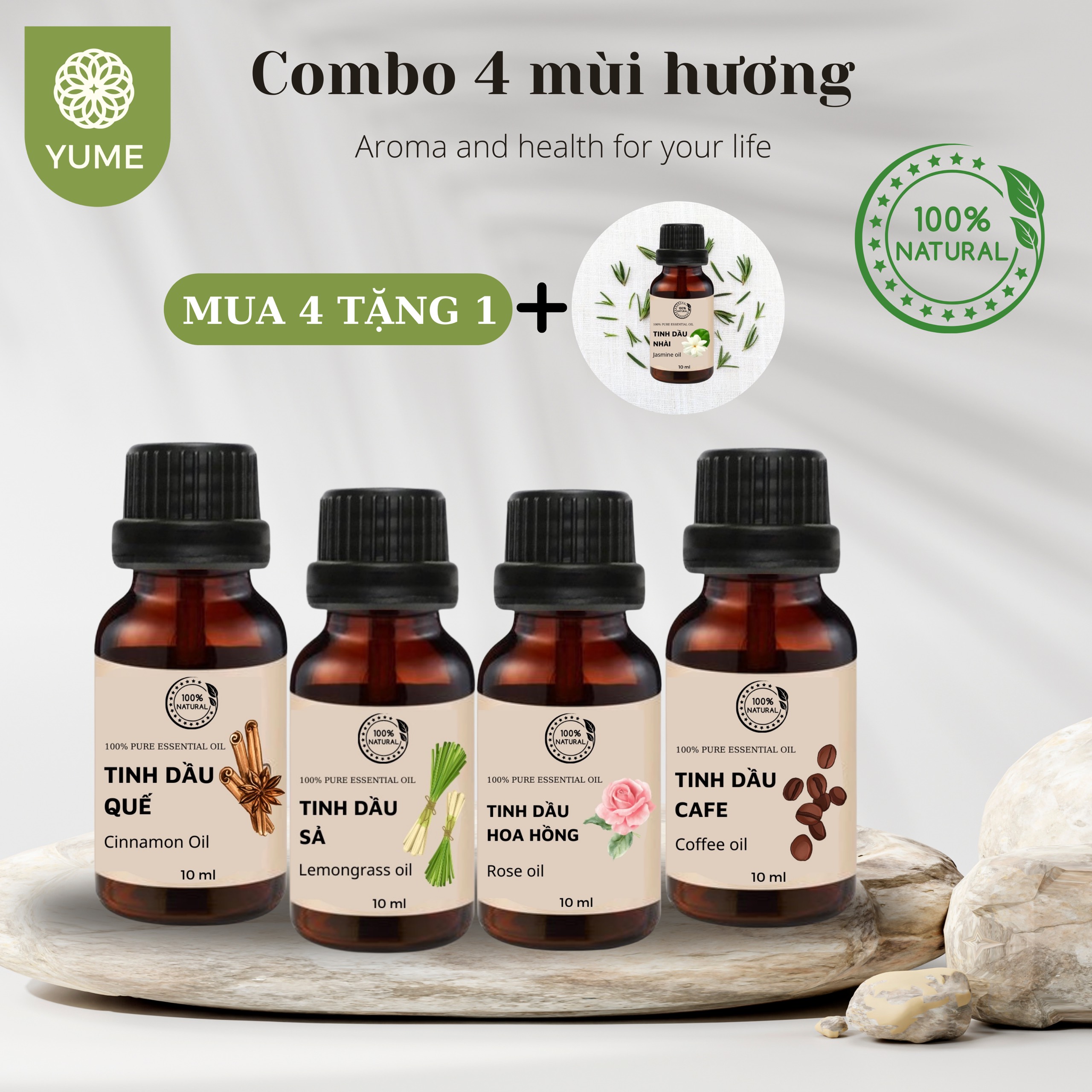 Bộ 4 tặng 1 chai tinh dầu thiên nhiên cao cấp tinh dầu máy xông tinh dầu thơm phòng