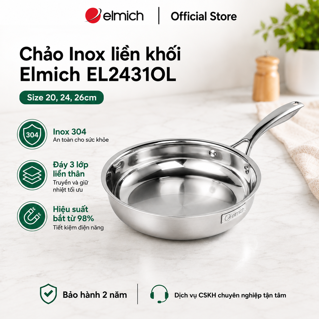 (Chỉ 25-29.07)Chảo Inox dập nguyên khối Elmich EL-2431OL Size 20,24,26cm