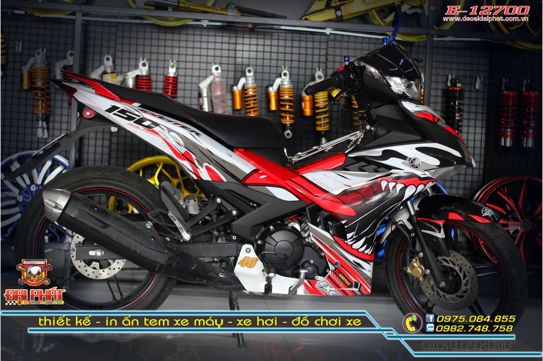 Tem trùm xe exciter 150 cá mập trắng đỏ đen