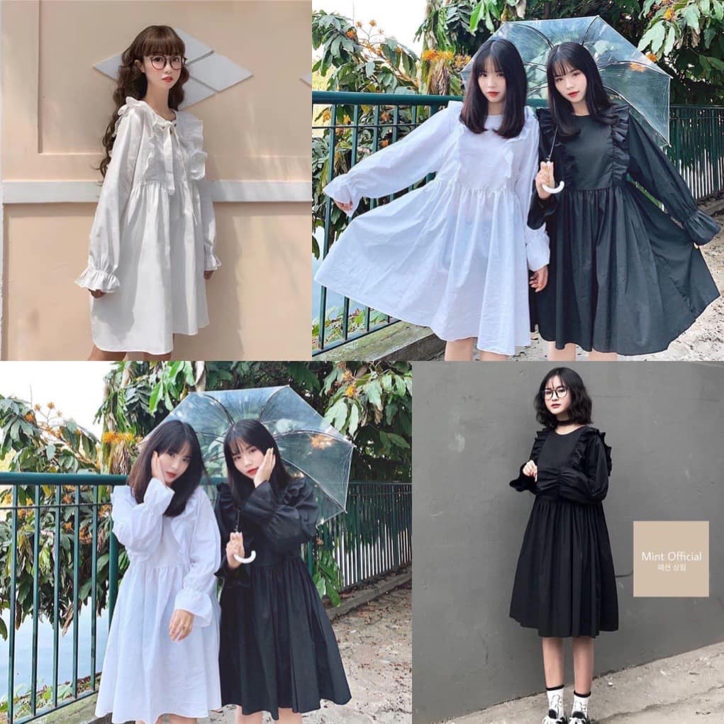 Đầm babydoll nữ, đầm babydoll dài tay phối viền bèo thời trang hàn quốc, AMELIA, đầm nữ dáng xòe, đầm babydoll trắng, đầm babydoll đen, đầm nữ dự tiệc, đầm ulzzang, đầm vintage, đầm tiểu thư, đầm công chúa