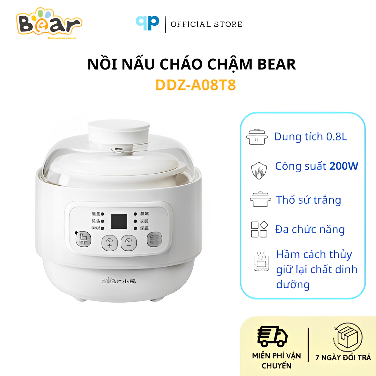 Nồi nấu chậm 0.8l bear ddz-a08t8, nồi nấu chậm đa năng nấu cháo, hầm, hấp, chưng yến
