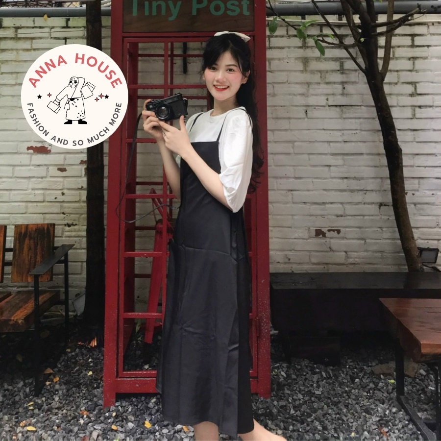 Váy yếm nữ dáng suông dài form rộng, set đầm yếm nữ dáng dài suông buộc nơ eo kèm áo sơ mi trắng màu trơn Ulzzang