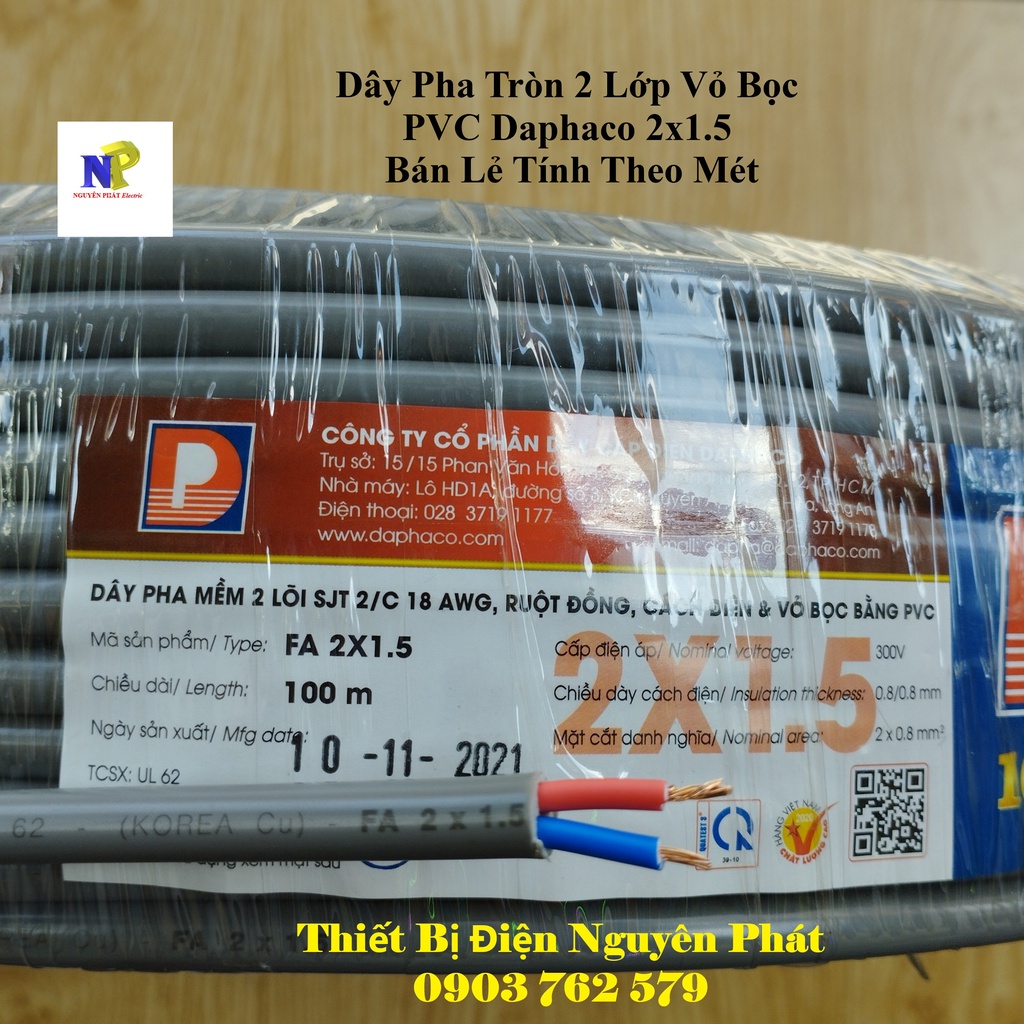 [DAPHACO] Dây Điện Đôi 2x1.5 - Lẻ 01 Mét Dây Pha Tròn Xám 2 Lớp Vỏ Bọc PVC