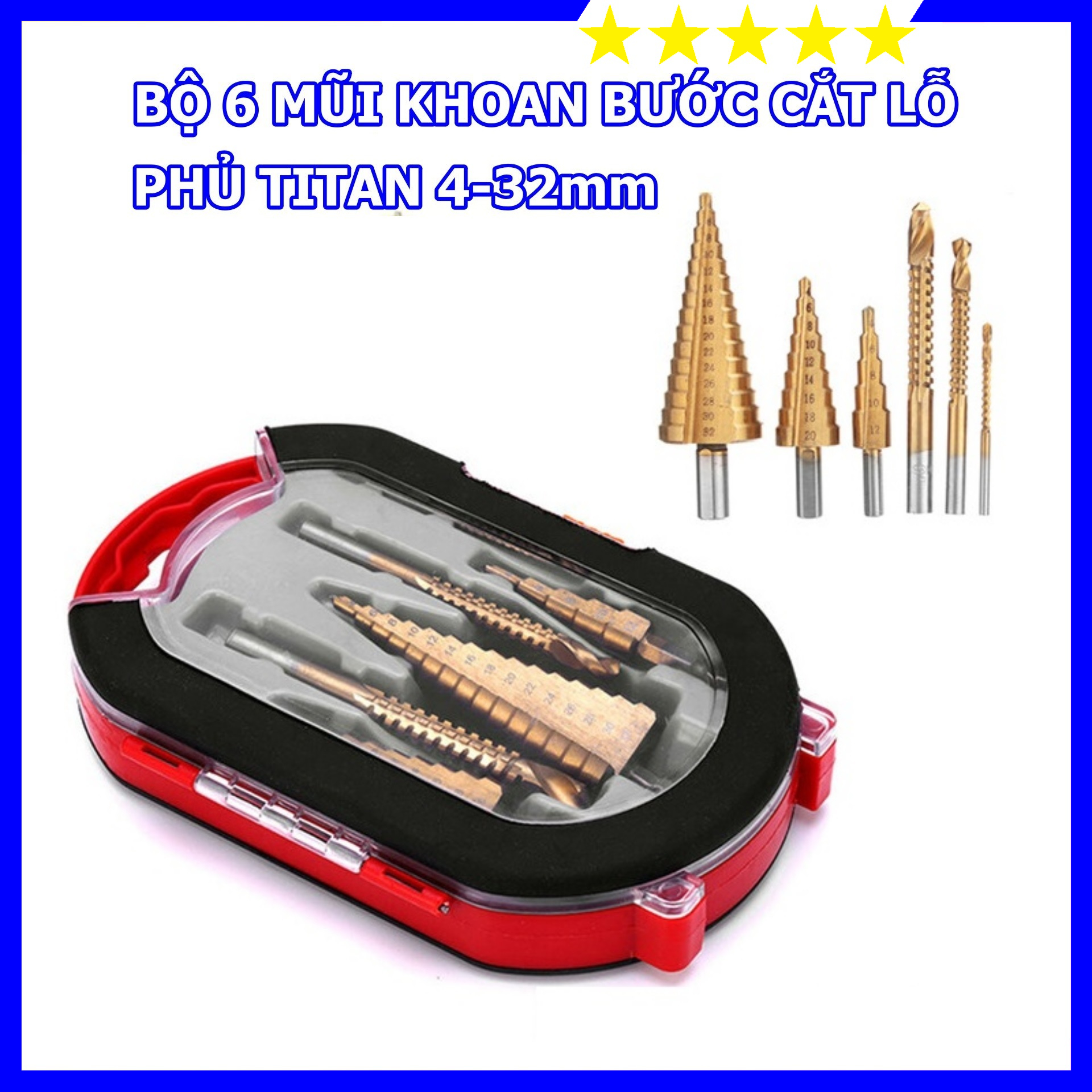 Mũi khoan inox dạng hình tháp 4-32, 4-20, 4-12 - mũi khoan răng cưa 3mm, 6mm, 8mm - bộ 6 mũi khoan thép hss phủ titanium