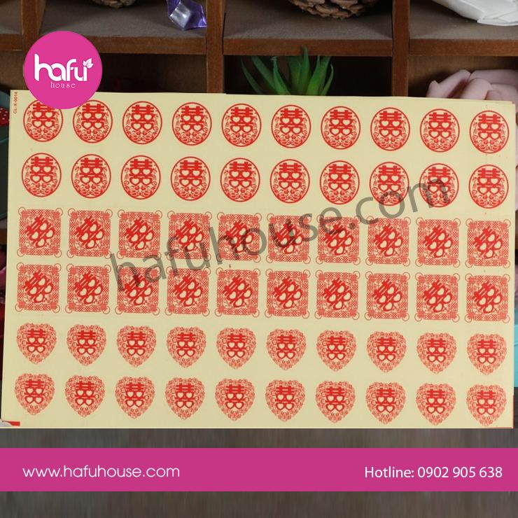 DECAL 60 CHỮ HỶ TRÒN VUÔNG TRÁI TIM ĐỎ DÁN TRÁI CÂY MÂM QUẢ ĐÁM CƯỚI M6 HAFU HOUSE