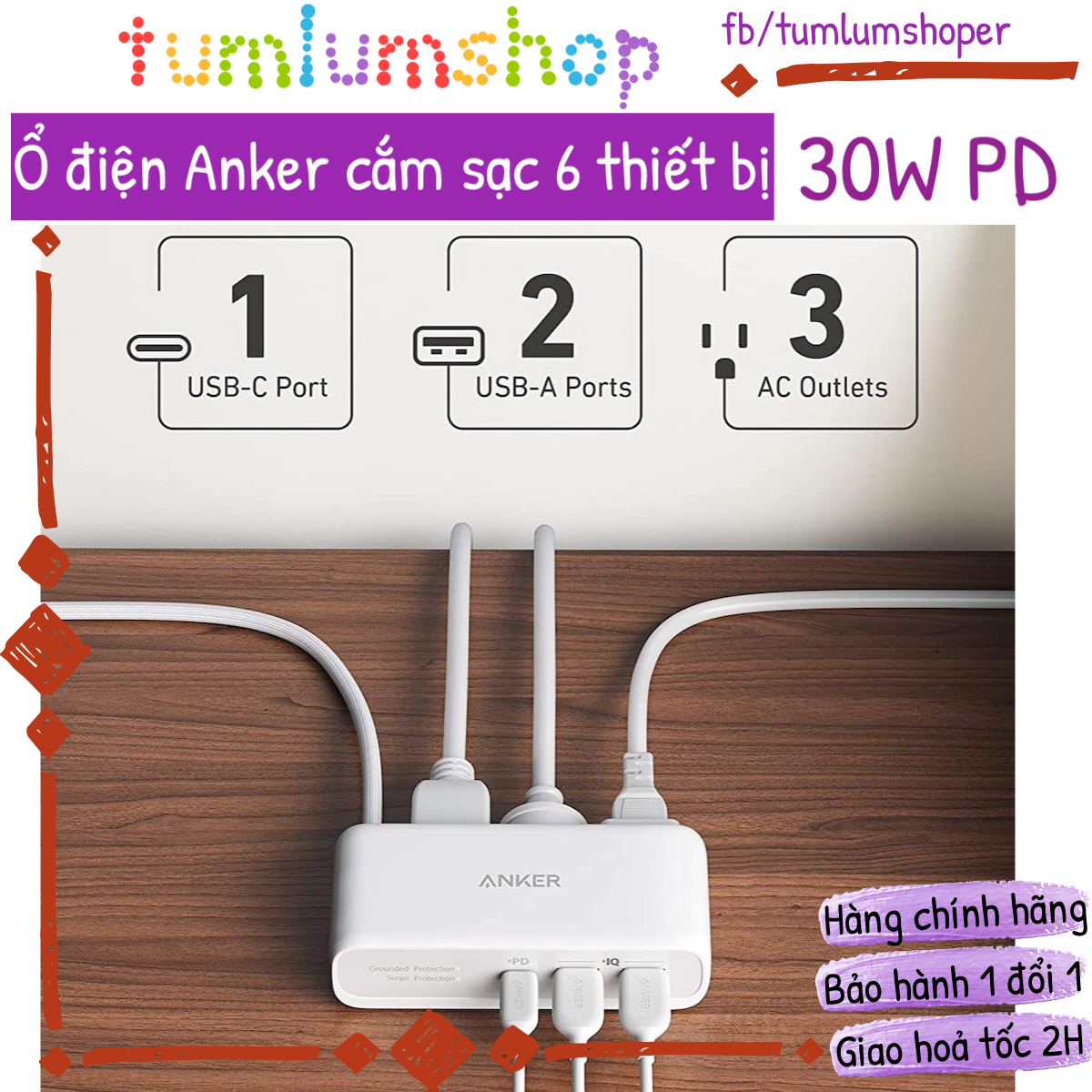 Ổ cắm điện anker 30w pd usb-c hỗ trợ 6 thiết bị
