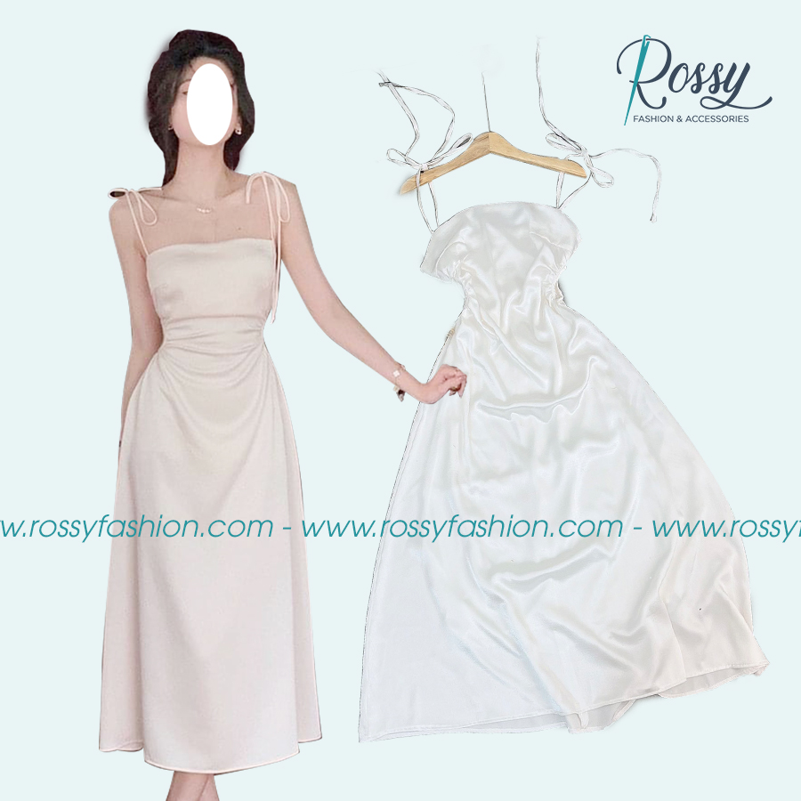 Đầm nữ váy nữ thiết kế Rossy Fashion, đầm midi trắng 2 dây cột vai khoen eo Freesize- SR150