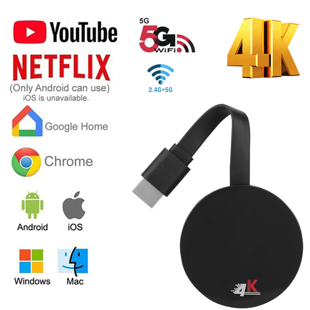 Thiết bị TV Streaming Chromecast for Google Ultra 4K hỗ trợ kết nối 2.4/ 5G - Truyền hình ảnh và video 4K - HDMI không dây Chromcast 4K - Thiết bị phát tín hiệu HDMI không dây Chromecast G2P  kết nối 2.4G/5G cao cấp