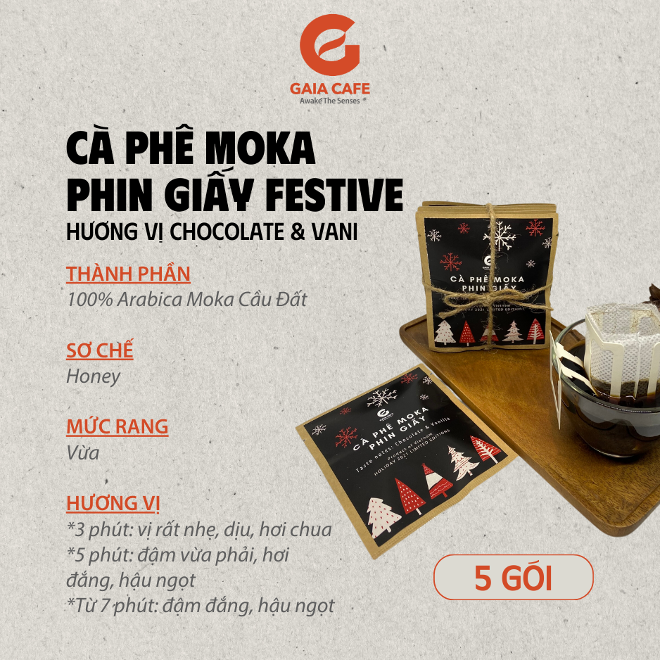 Cà phê phin giấy FESTIVE Gaia Cafe - Cafe Arabica Moka Cầu Đất rang xay nguyên chất | Hương vị Chocolate + Vani