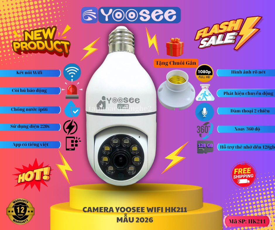  Mẫu Mới 2026 - Yoosee Camera IP Wifi HK211 Trong Nhà 10.0MPx 360 Độ Xoay 355° Chống Trộm Full HD 1080p Giao Diện Yoosee Chính Hãng 