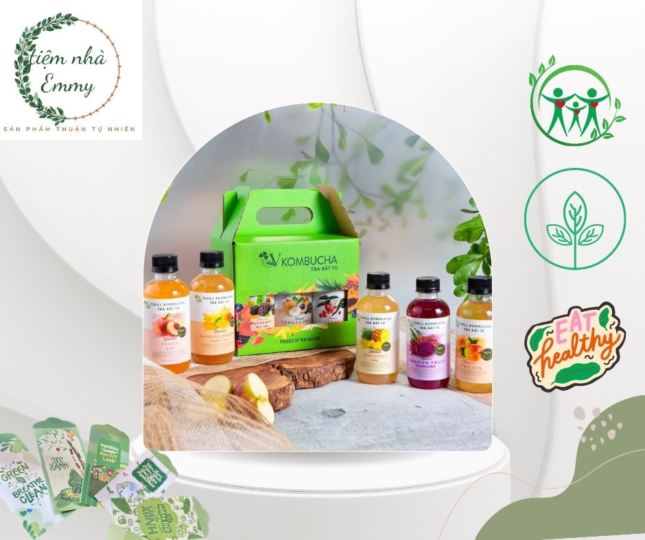 Trà Kombucha Chill VGreen 250ml 11 vị vải, xoài, xoài mix chuối,dứa , nhãn, đào, táo xanh, thanh long, ổi xanh, dâu tằm, mơ Mộc Châu trà bất tử Kombucha Tiệm nhà Emmy
